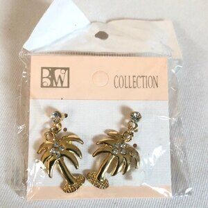 Palm Tree Earrings with Rhinestones Gold Tone NOC